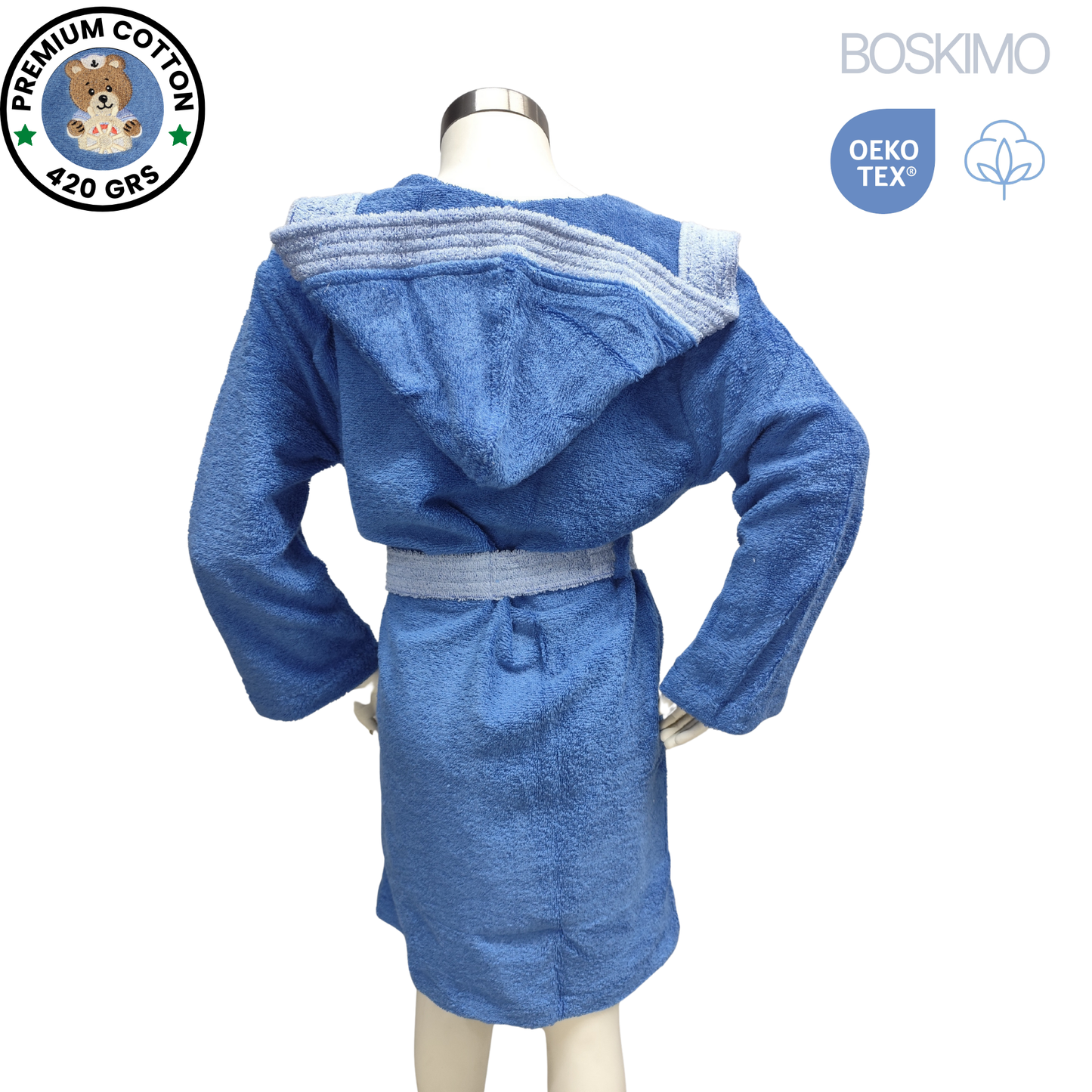 BOSKIMO KIDS BALOO Azul - Albornoz Niños adolescentes Algodón: Niño, Infantil - 100% Algodón OEKO-TEX - 2 Bolsillos, Cinturón, Capucha, Albornoces Felpa muy suave con bordados para niños