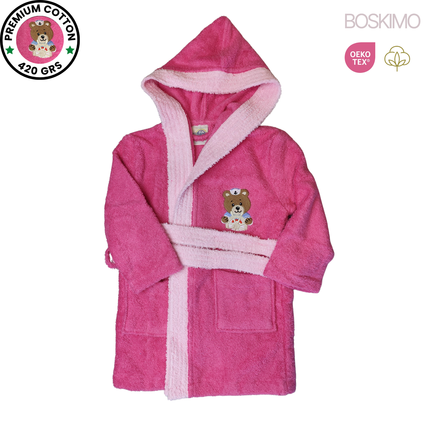 BOSKIMO KIDS BALOO Rosa - Albornoz Niñas adolescentes Algodón: Niña, Infantil - 100% Algodón OEKO-TEX - 2 Bolsillos, Cinturón, Capucha, Albornoces Felpa muy suave con bordados para niñas