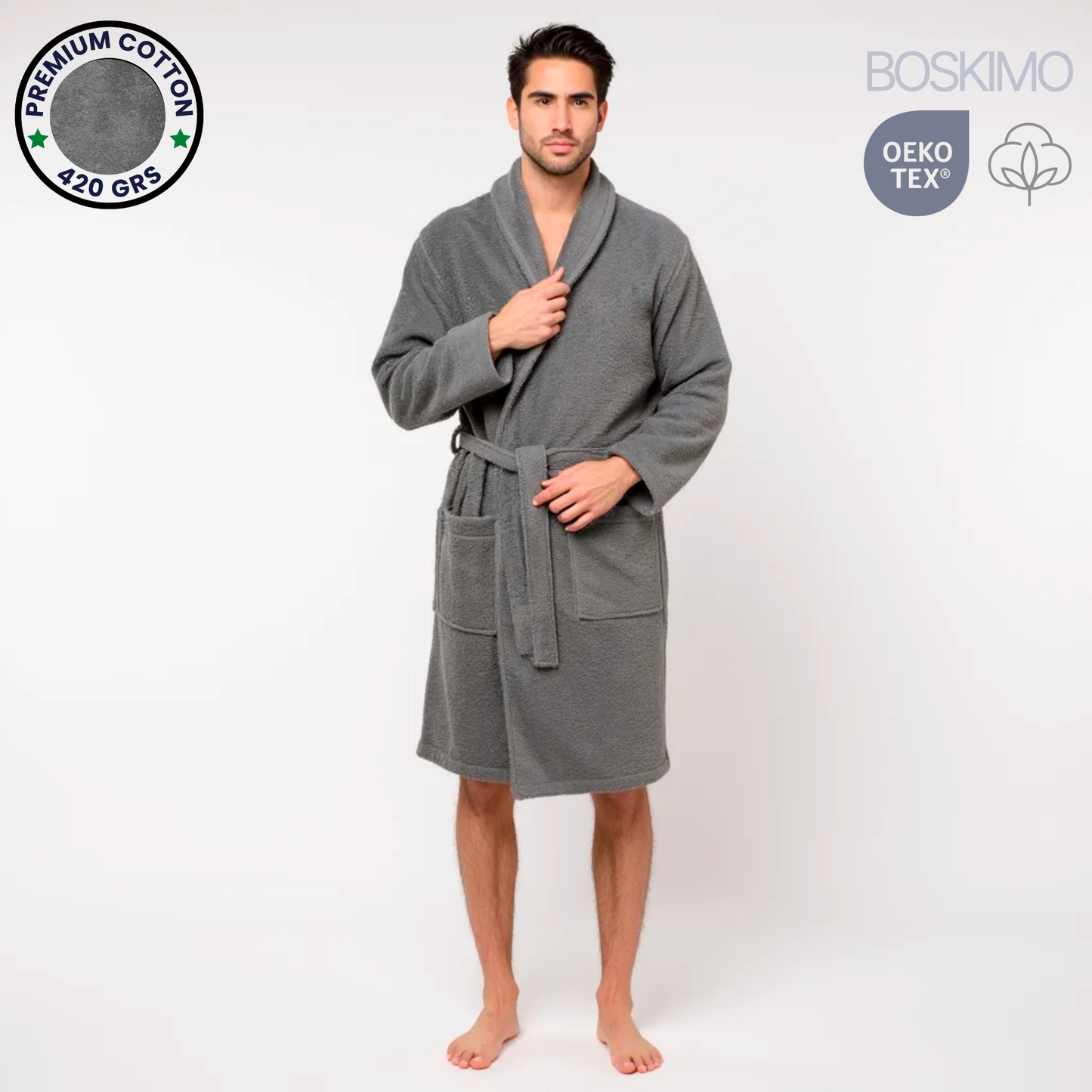 BOSKIMO Albornoz Unisex sin Capucha 100% Algodón OEKO-TEX – Bata de Baño Hombre Mujer – Rizo Americano 420 gsm – Suave y Absorbente