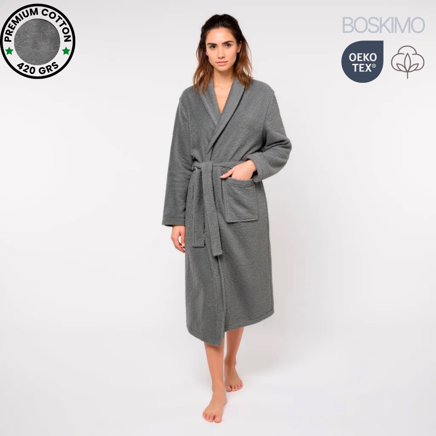 BOSKIMO Albornoz Unisex sin Capucha 100% Algodón OEKO-TEX – Bata de Baño Hombre Mujer – Rizo Americano 420 gsm – Suave y Absorbente