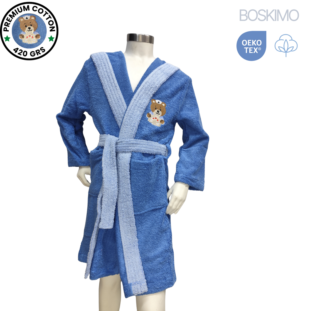 BOSKIMO KIDS BALOO Azul - Albornoz Niños adolescentes Algodón: Niño, Infantil - 100% Algodón OEKO-TEX - 2 Bolsillos, Cinturón, Capucha, Albornoces Felpa muy suave con bordados para niños