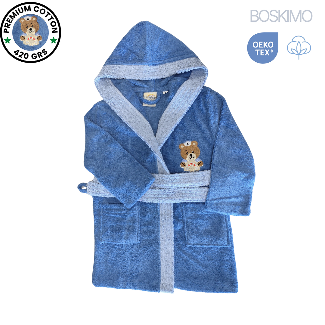 BOSKIMO KIDS BALOO Azul - Albornoz Niños adolescentes Algodón: Niño, Infantil - 100% Algodón OEKO-TEX - 2 Bolsillos, Cinturón, Capucha, Albornoces Felpa muy suave con bordados para niños