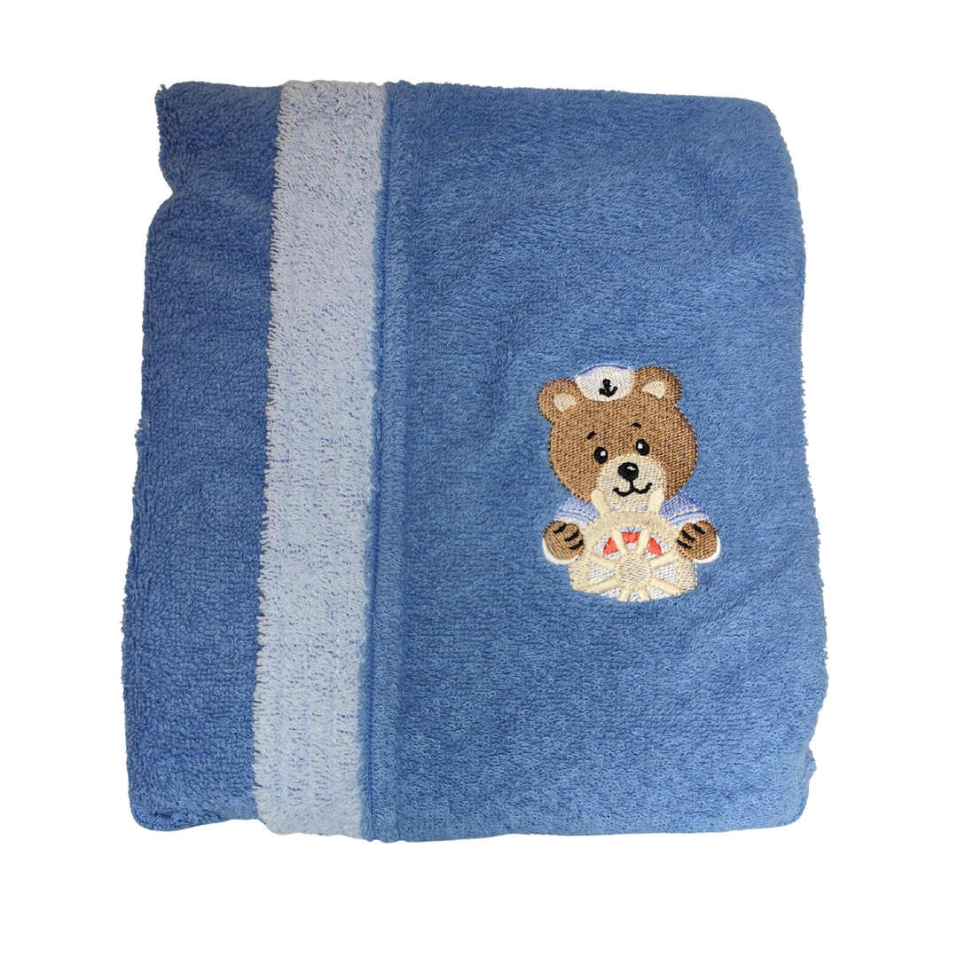 BOSKIMO KIDS BALOO Azul - Albornoz Niños adolescentes Algodón: Niño, Infantil - 100% Algodón OEKO-TEX - 2 Bolsillos, Cinturón, Capucha, Albornoces Felpa muy suave con bordados para niños