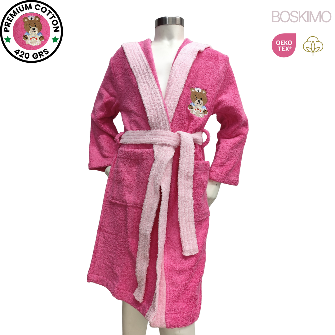 BOSKIMO KIDS BALOO Rosa - Albornoz Niñas adolescentes Algodón: Niña, Infantil - 100% Algodón OEKO-TEX - 2 Bolsillos, Cinturón, Capucha, Albornoces Felpa muy suave con bordados para niñas