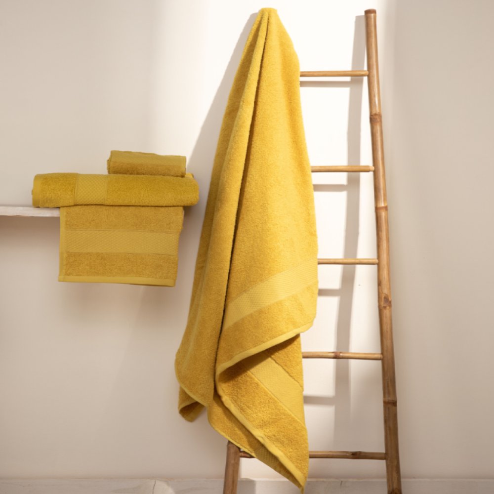 Juego de Toallas de baño - Toalla grande de Ducha, Toalla de Manos y Toalla de lavabo - 100% Algodón - 450 g/m2 Mostaza