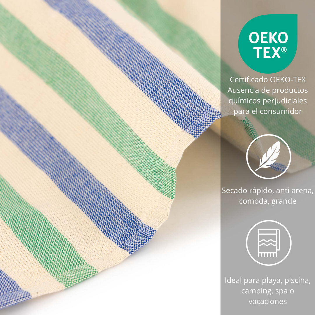 BOSKIMO Pareo Carnota Verde – Pareo de Playa Ligero 145x170 cm – Suave, Compacto y de Secado Rápido – Ideal para Viajes, Piscina o Verano – Estilo Veraniego Hecho en Portugal