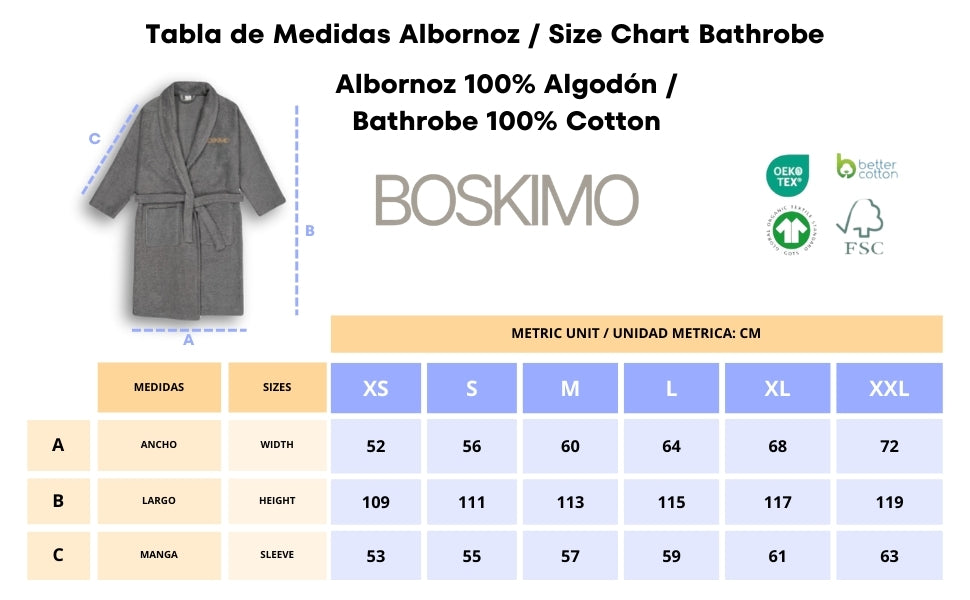 BOSKIMO Albornoz de Baño Unisex 100% Algodón OEKO-TEX – Bata para Hombre y Mujer – Rizo Americano 420 gsm – Suave y muy Absorbente