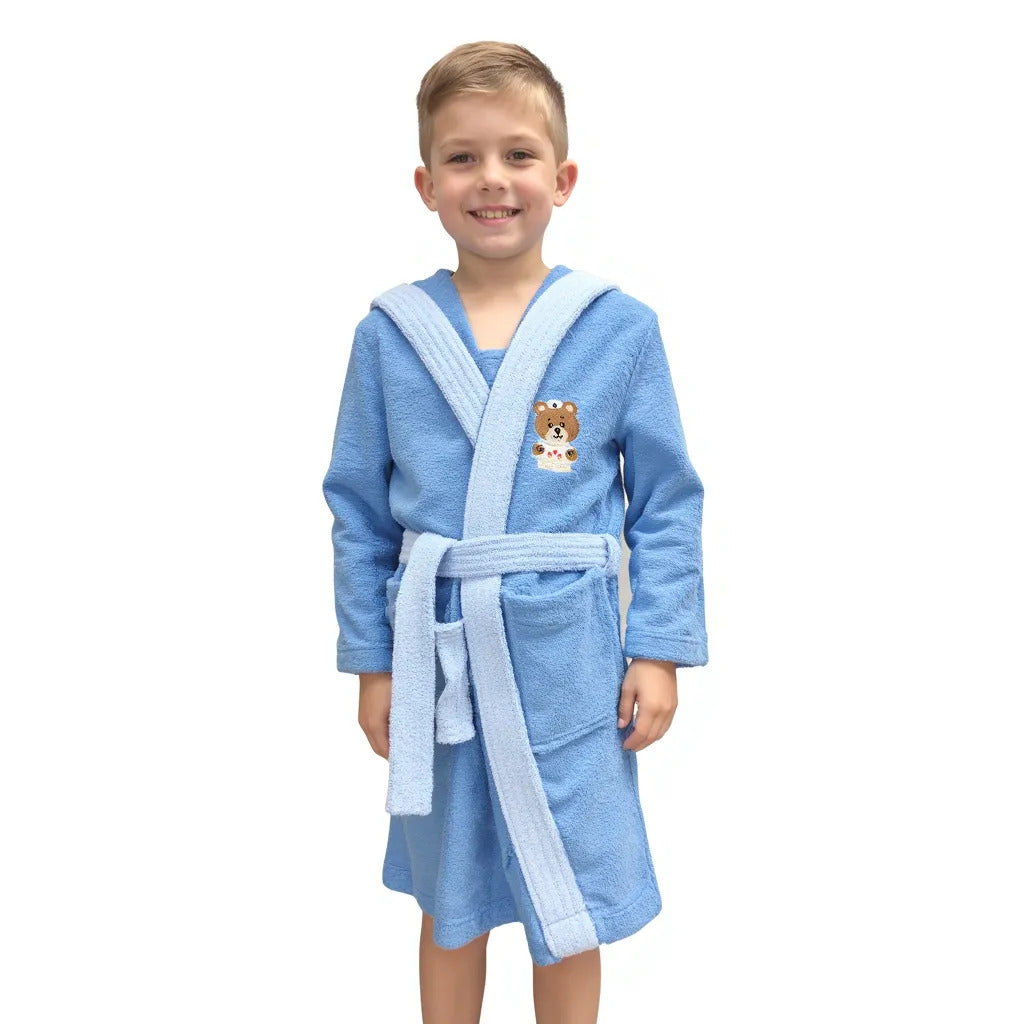 BOSKIMO KIDS BALOO Azul - Albornoz Niños adolescentes Algodón: Niño, Infantil - 100% Algodón OEKO-TEX - 2 Bolsillos, Cinturón, Capucha, Albornoces Felpa muy suave con bordados para niños