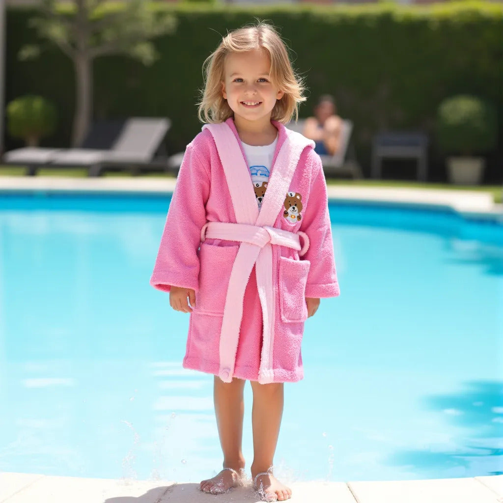 BOSKIMO KIDS BALOO Rosa - Albornoz Niñas adolescentes Algodón: Niña, Infantil - 100% Algodón OEKO-TEX - 2 Bolsillos, Cinturón, Capucha, Albornoces Felpa muy suave con bordados para niñas