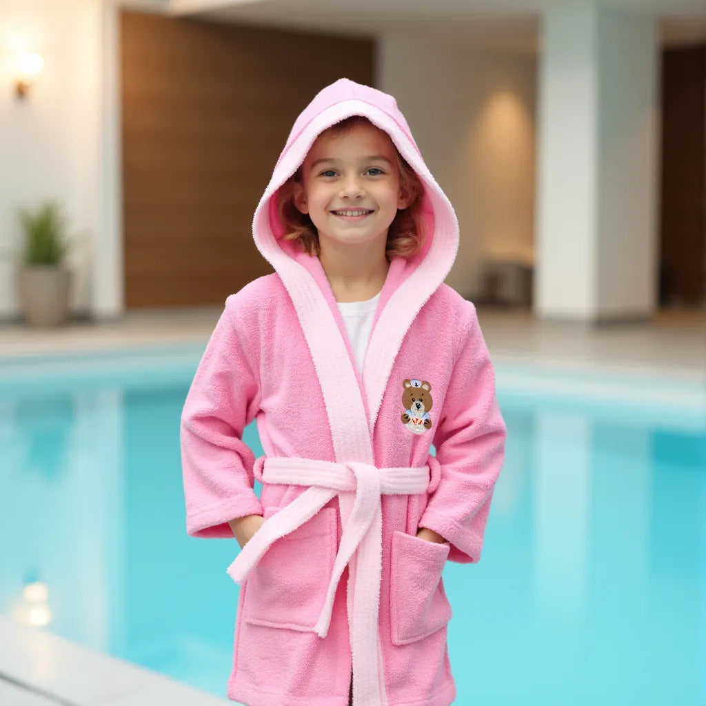 BOSKIMO KIDS BALOO Rosa - Albornoz Niñas adolescentes Algodón: Niña, Infantil - 100% Algodón OEKO-TEX - 2 Bolsillos, Cinturón, Capucha, Albornoces Felpa muy suave con bordados para niñas